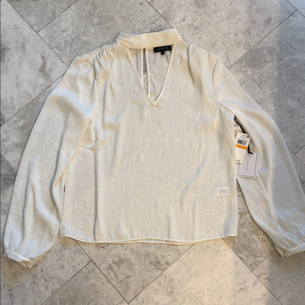 NWT 1. State Linen-Blend Cream Long-Sleeve V-Neck Top SZ: S